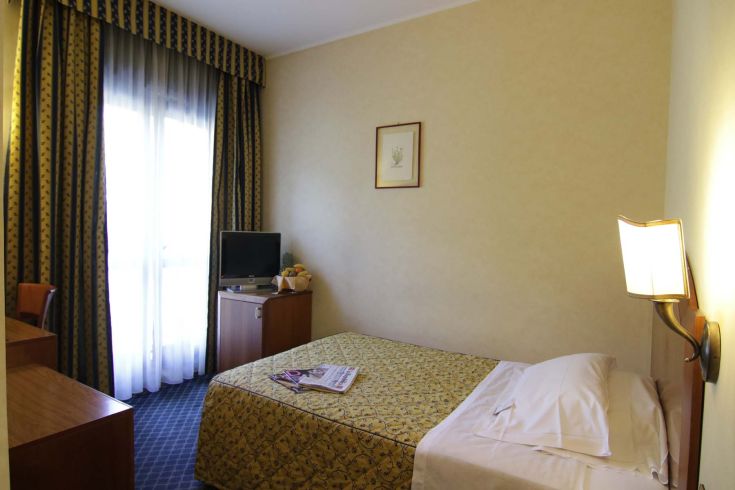 Spacious room with a double bed, TV, overlooking a small courtyard.