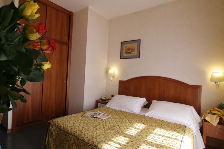 Simple hotel room with a double bed, decorated with plants and light furnishings.