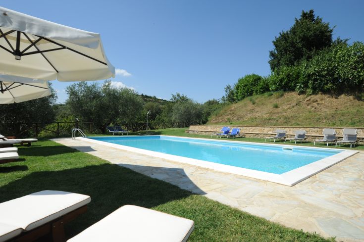Una piscina immersa nel verde, circondata da alberi e dotata di sdraio, perfetta per il relax in un agriturismo.