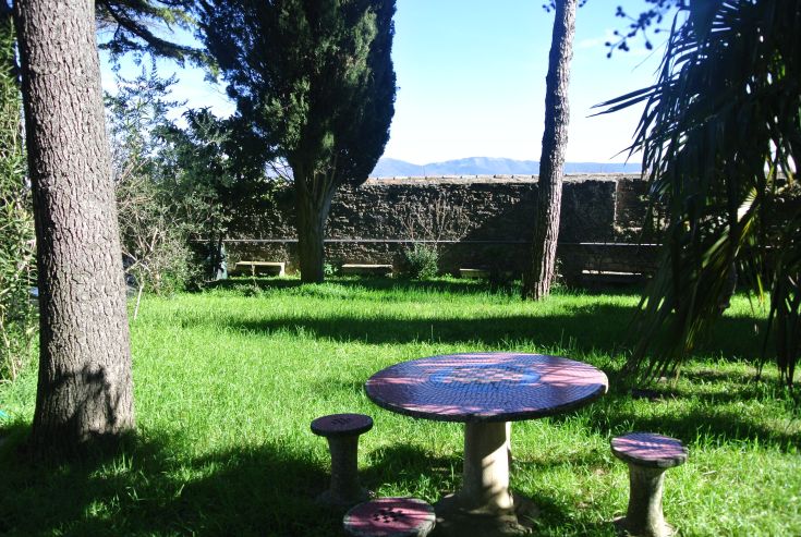 Ein Außenbereich, umgeben von Grün, mit einem bunten Tisch und üppigen Pflanzen.