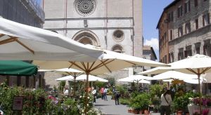 Una piazza decorata con piante e ombrelloni, con un duomo ben visibile sullo sfondo.