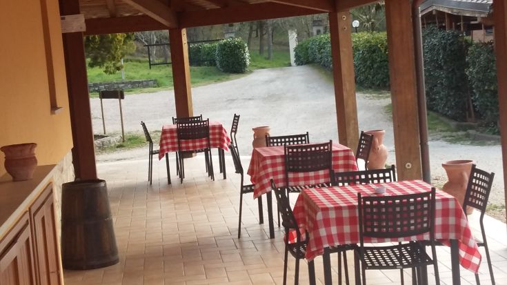 Espace extérieur d'un restaurant avec des nappes à carreaux, entouré de verdure.
