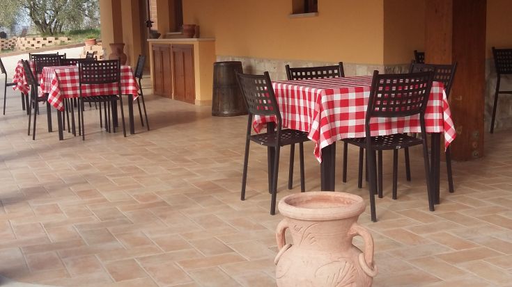 Espace extérieur d'une ferme avec des tables en damier rouges, parfait pour se détendre en plein air.