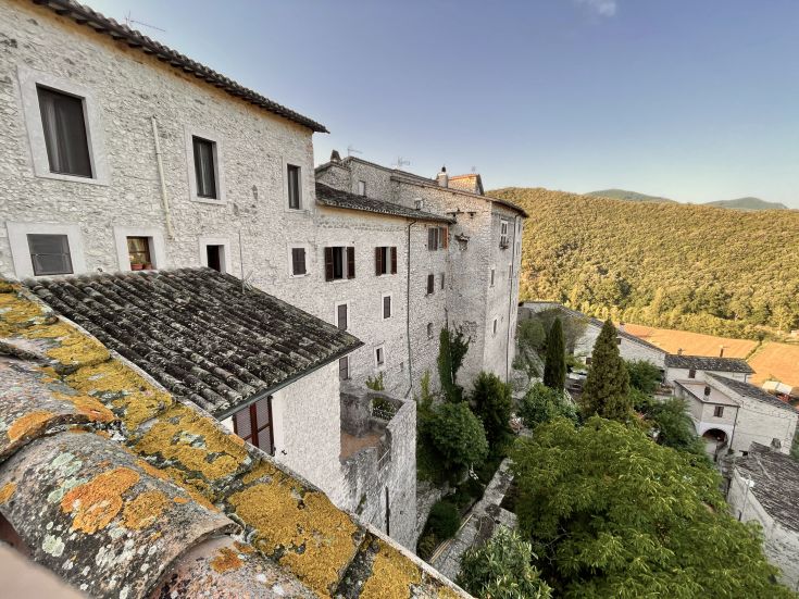 Ein Panorama eines historischen Dorfes mit Steingebäuden und üppigem Grün.