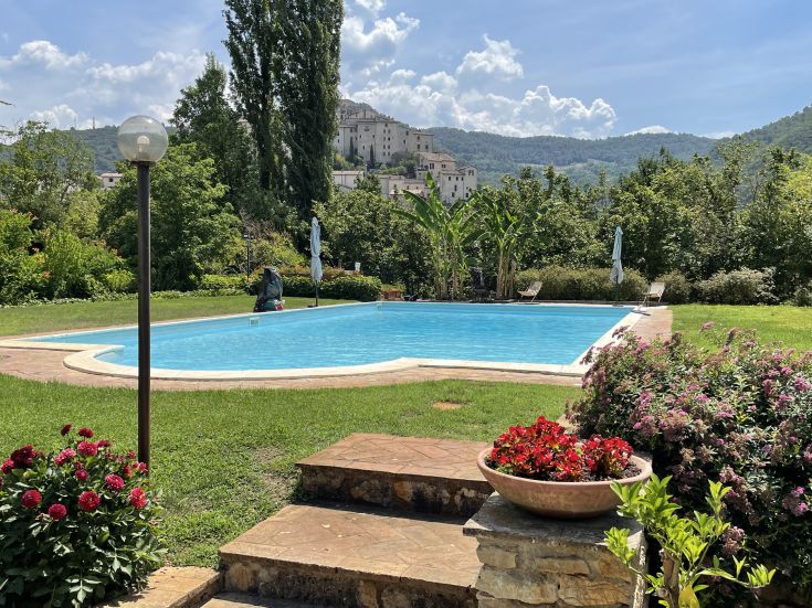 Ein Pool, umgeben von Pflanzen, mit Blick auf ein ruhiges mittelalterliches Dorf.