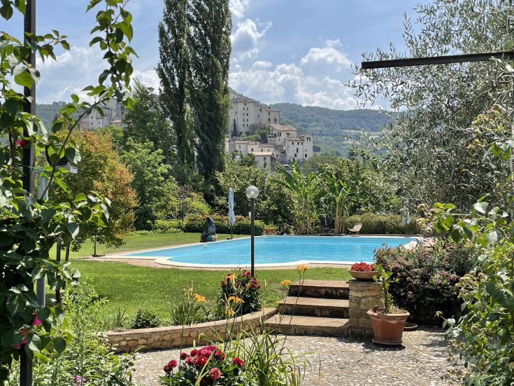 Ein gemütlicher Garten mit Pool, umgeben von Grün und mit Blick auf ein altes Dorf.