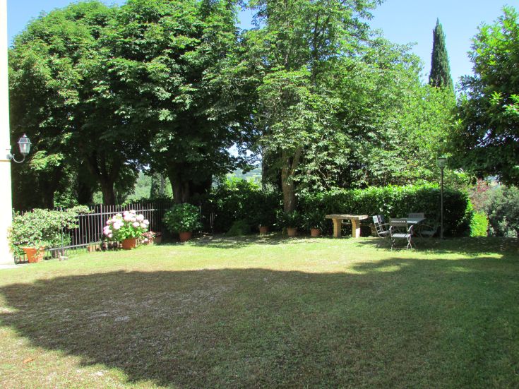 A spacious and bright garden with trees and benches, perfect for spending time outdoors.