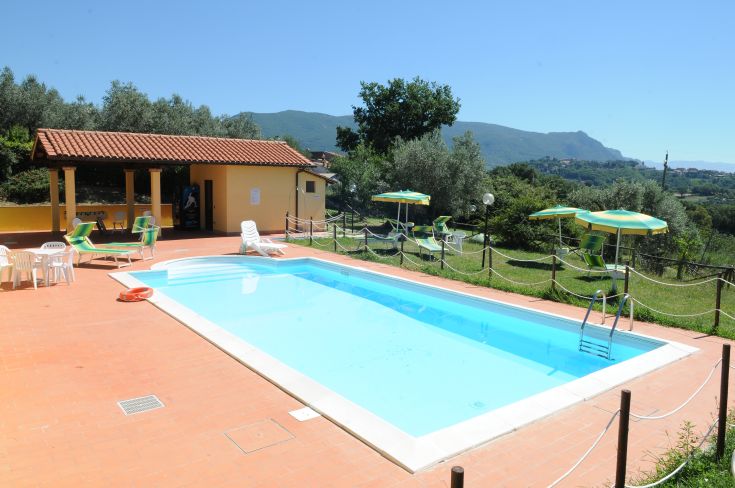 Una piscina circondata da piante, adatta per momenti di relax e per godere dell'ambiente umbro.