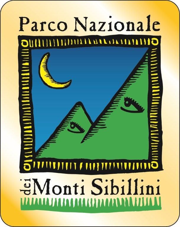 Logo des Nationalparks Monti Sibillini, das Berge und einen stilisierten Mond darstellt.