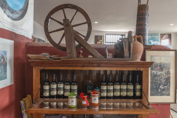 Eine Ecke der ländlichen Kultur mit Weinflaschen in einer einfachen, familiären Umgebung.