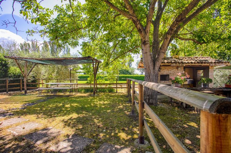 Un'area esterna tranquilla con verde, tavoli e un barbecue, ideale per momenti di relax all'aria aperta.