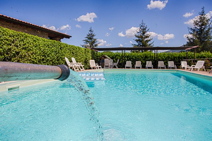 Una piscina limpida immersa in un contesto verde, ideale per momenti di relax.