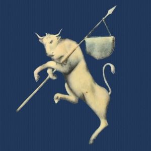 Un toro bianco raffigurato in modo semplice, con un'asta e un recipiente appoggiato sulla spalla.