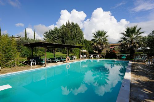 Una piscina situata in un'area verde, circondata da alberi e con un cielo limpido, perfetta per momenti di relax.