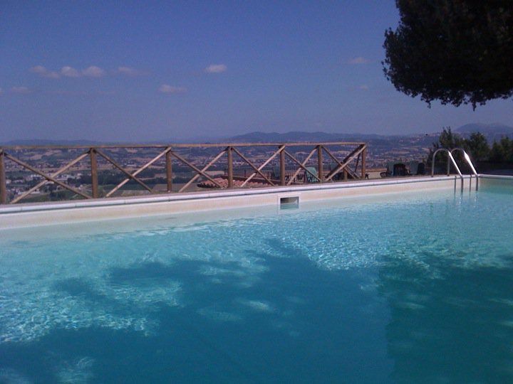 Piscina incastonata nel paesaggio verdeggiante dell'Umbria, circondata da alberi e natura.