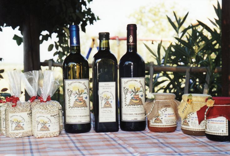 Eine Auswahl typischer Produkte, wie Wein und natives Olivenöl, auf einem Tisch im Agriturismo präsentiert.