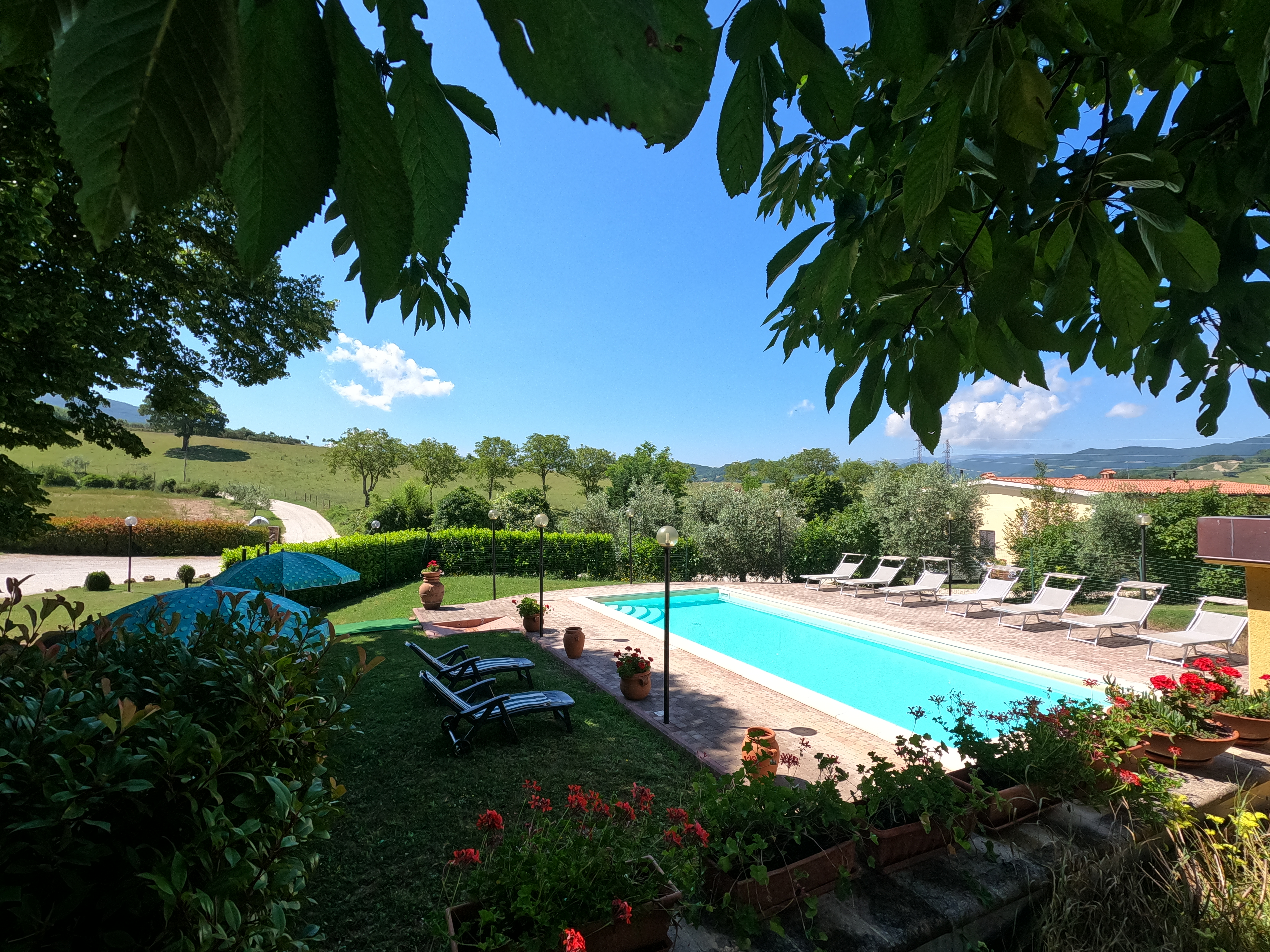 Spazio esterno con piscina e giardino verdeggiante, incorniciato dalle dolci colline umbre. Ideale per momenti di relax.