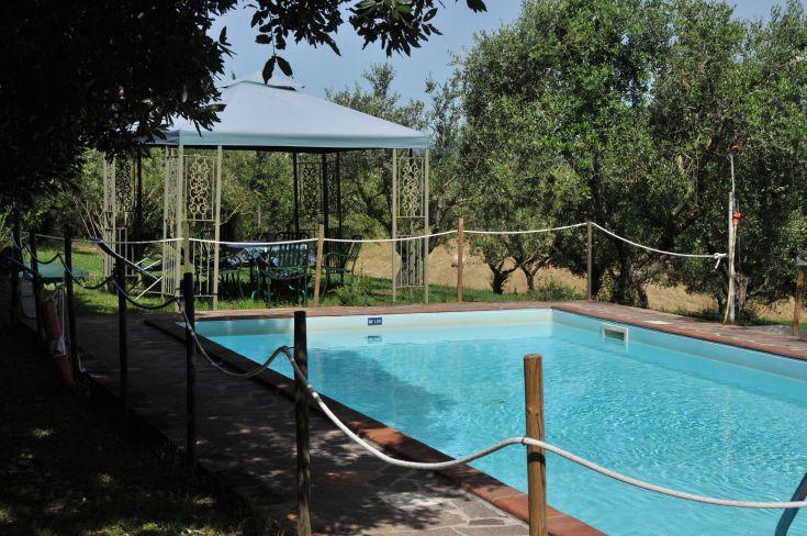 A pool surrounded by olive trees, featuring a gazebo for relaxation in a serene environment.