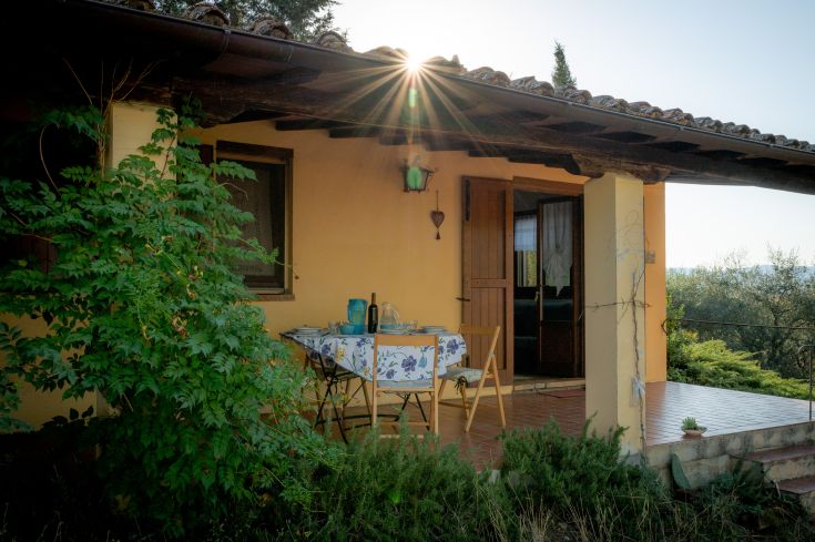 Outdoor area of an agriturismo, surrounded by greenery and panoramic views of the gentle Umbrian hills.