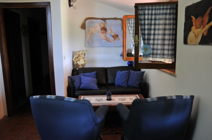 Cozy interior with a blue sofa and armchairs, decorated with carefully curated details.