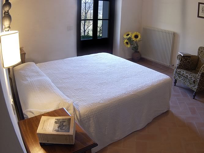 Bright and cozy room with a double bed and some plants. View of the surrounding nature.