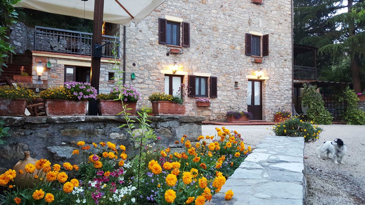 Un casale immerso nella natura, circondato da fiori colorati e illuminato da una luce calda al tramonto.