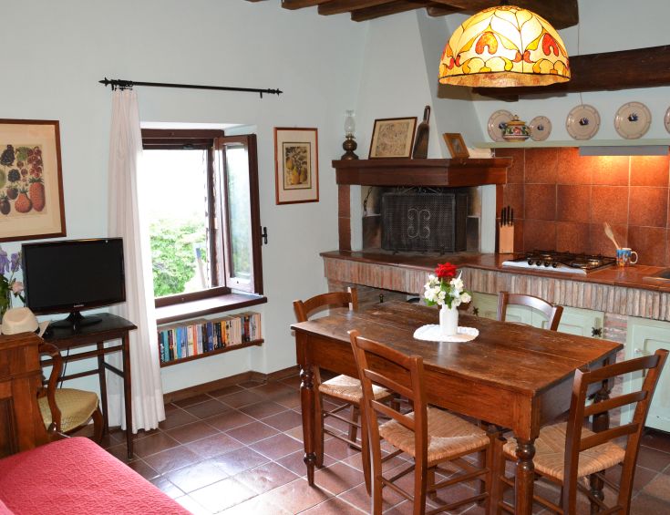 Rustikale Küche und Wohnzimmer mit Holzelementen und warmen Farben, mit Blick auf eine grüne Landschaft.