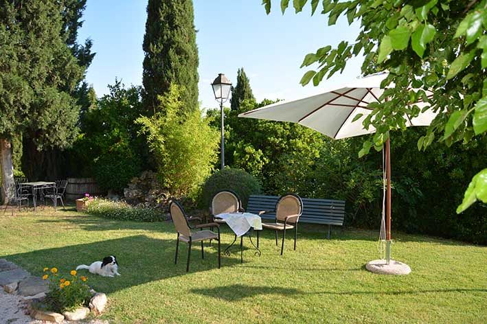 Ein Außengelände im Garten mit einem Tisch, Stühlen und einem Sonnenschirm, umgeben von grünen Bäumen.