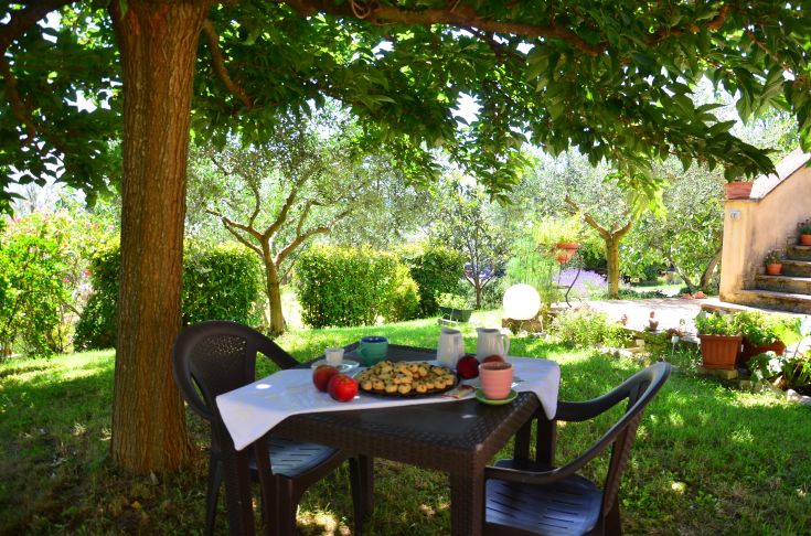 An outdoor breakfast served in a well-kept garden, featuring pastries and fresh fruit.