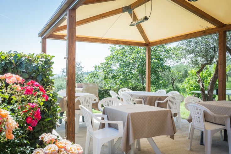 Outdoor area of a restaurant with tables set and colorful flowers, surrounded by nature.