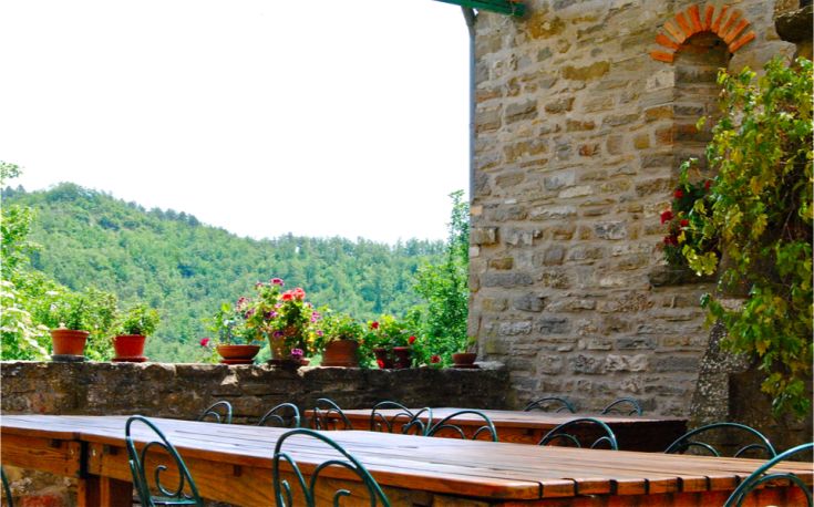 Spazio esterno circondato da piante con panorama collinare, perfetto per momenti di relax.