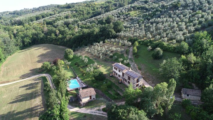 Un agritourisme situé sur une colline, entouré d'oliviers et avec une piscine extérieure.