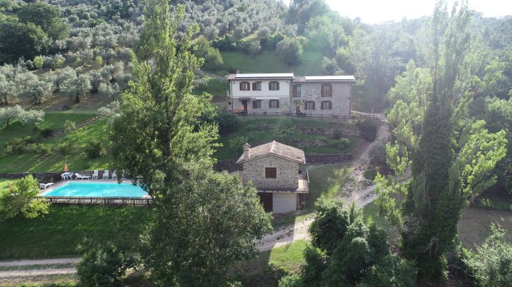 Un agriturismo situé sur une colline, entouré d'espaces verts, avec piscine et appartements de deux pièces. Un lieu paisible pour se détendre.