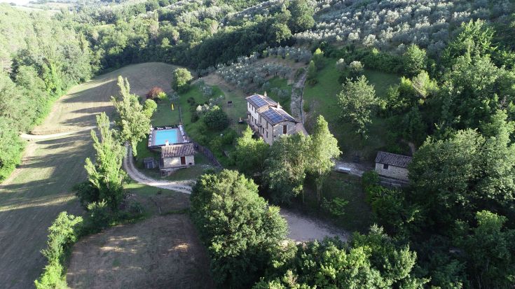 Vue panoramique d'une villa entourée de verdure, avec une piscine et des arbres.