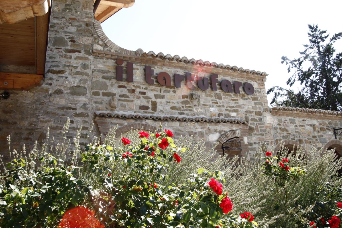 Scena dell'hotel il Tartufaro, circondato da vegetazione con fiori rossi in primo piano.