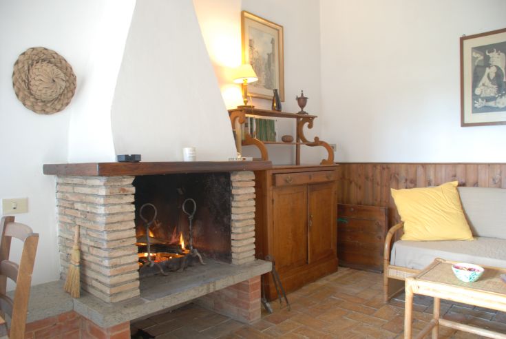 Una zona confortevole con un camino in mattoni e mobili in stile rustico.