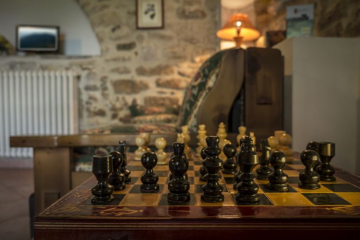 Un gioco di scacchi posizionato su una scacchiera in un soggiorno dal design rustico, con mobili in legno e toni naturali.