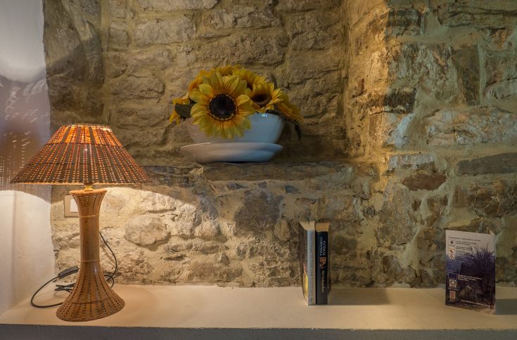 Ambiente rustico con lampade, fiori e librerie colmi di libri in una struttura in pietra.