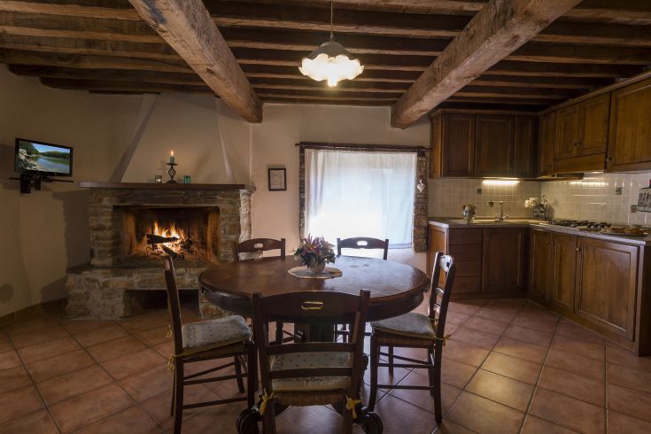 Un'ampia cucina con un camino, dotata di un tavolo in legno, ideale per riunioni familiari.