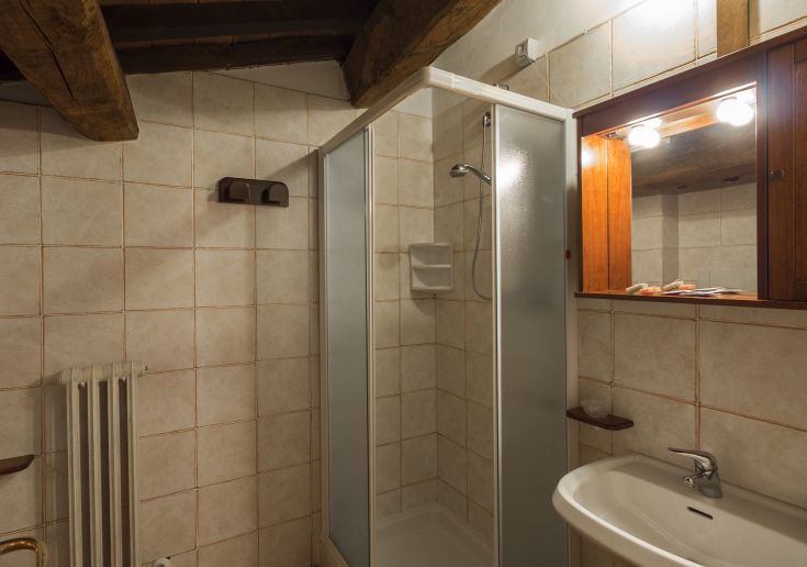 Un bagno semplice con doccia e lavabo, arredato in stile rustico, adatto per momenti di relax.