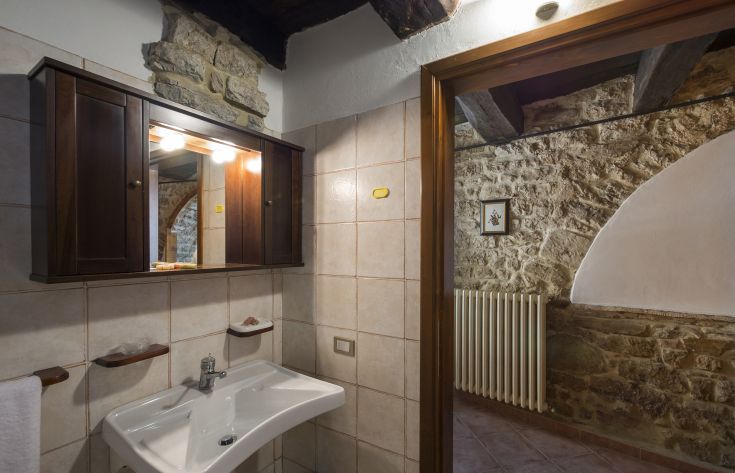 Un bagno semplice con un lavabo contemporaneo e particolari in legno, che crea un'atmosfera gradevole.