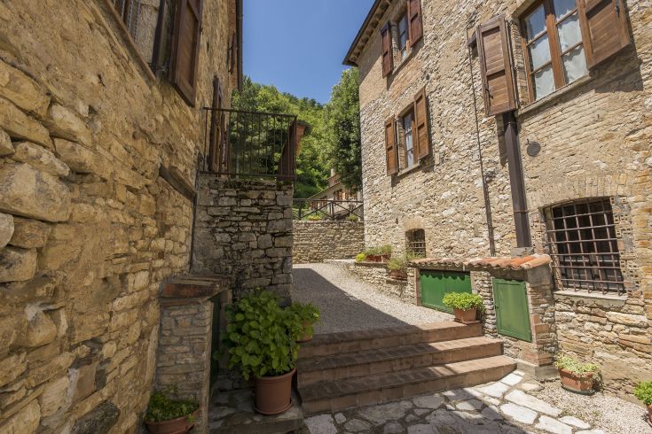 Un tranquillo vicolo con edifici in pietra, ornato da piante in vaso.