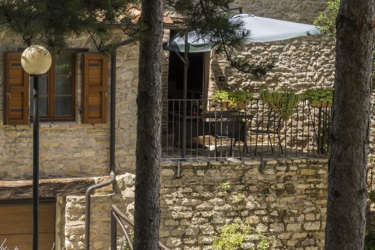 Scena di un patio in pietra con piante verdi e un ombrellone, circondato da vegetazione.
