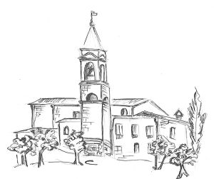 Immagine dell'Ostello San Donato, con il campanile visibile e il paesaggio verde attorno all'edificio.