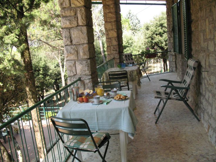 Outdoor breakfast on a B&B terrace with tables surrounded by trees and nature.
