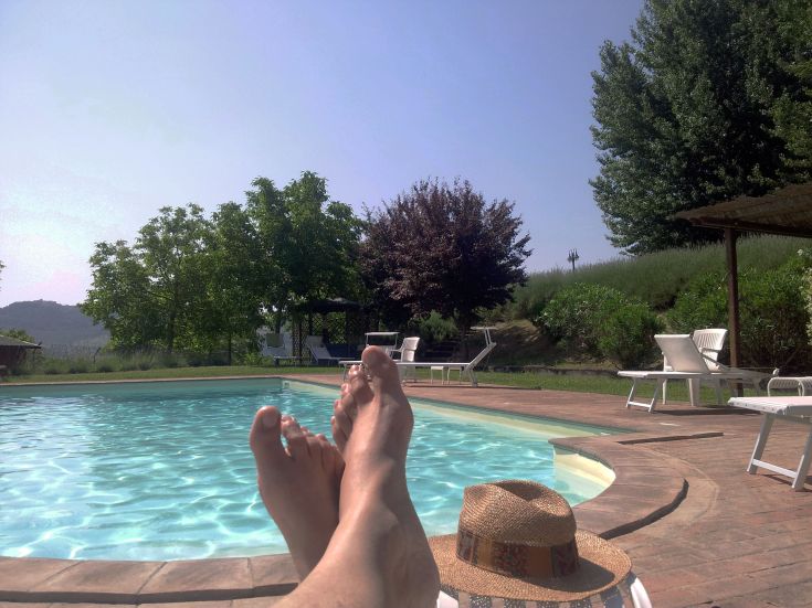 Ein guter Moment zum Entspannen am Pool in einem Bauernhof, umgeben von der Natur.