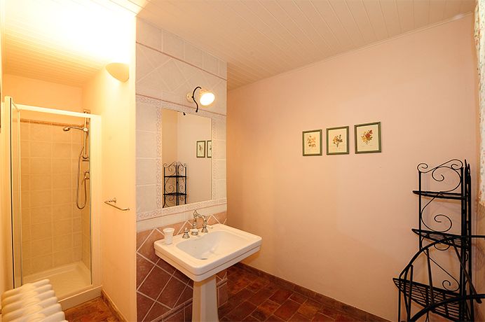 Ein entspannendes Badezimmer mit Dusche und einfachen Blumen Dekorationen, ideal für ruhige Momente.