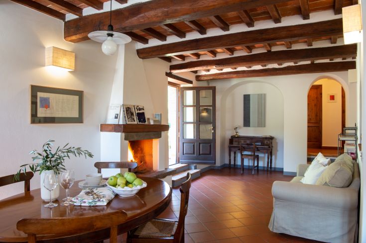Une salle à manger dans une ferme avec une cheminée et des détails en bois, idéale pour des moments de convivialité.
