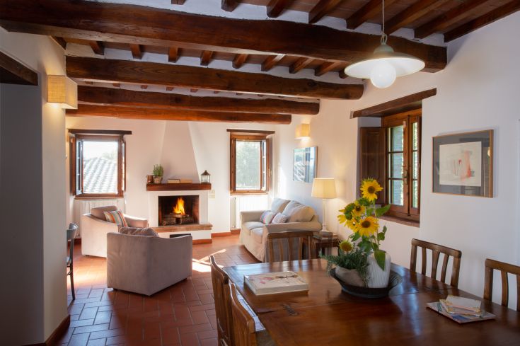 Un séjour simple avec une cheminée, une table en bois et de grandes fenêtres. Idéal pour des moments tranquilles.