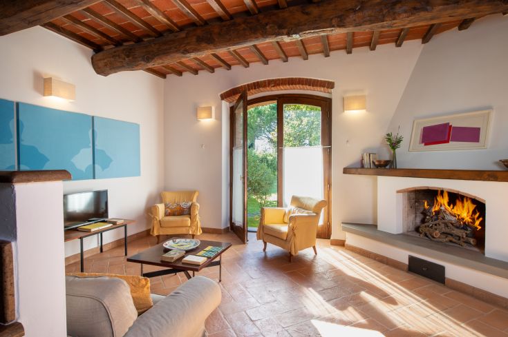 Salon lumineux avec cheminée et vue sur le jardin, idéal pour des moments de détente.